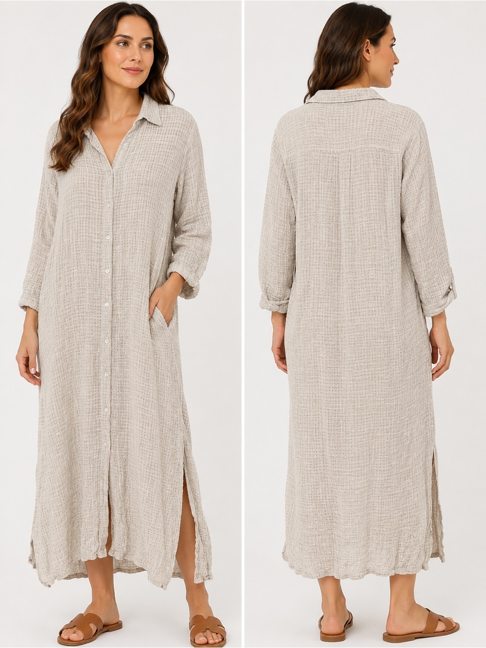 Venti6 Made in Italy Cotton Linen Gauze Maxi Shirt Dress Small Beige